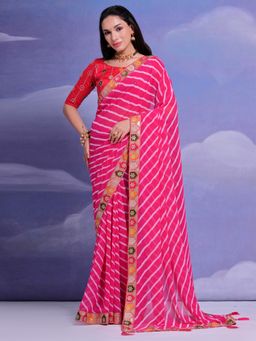 Akhilam - Women's Georgette Pink Printed Designer Saree with Unstitched Blouse