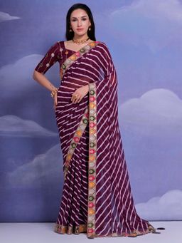 Akhilam - Women's Georgette Wine Printed Designer Saree with Unstitched Blouse