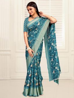 Akhilam - Women's Dola Silk Teal Printed Designer Saree with Unstitched Blouse