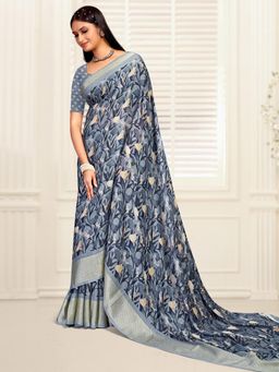 Akhilam - Women's Dola Silk Grey Printed Designer Saree with Unstitched Blouse