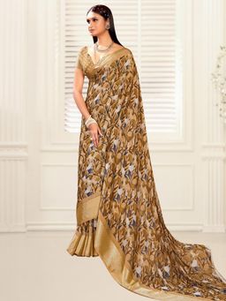 Akhilam - Women's Dola Silk Beige Printed Designer Saree with Unstitched Blouse