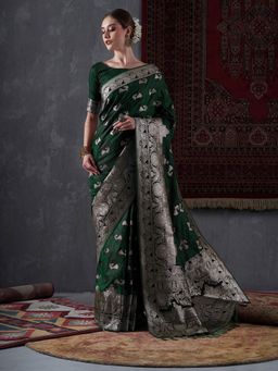 Akhilam - Women's Satin Silk Green Woven Designer Saree with Unstitched Blouse