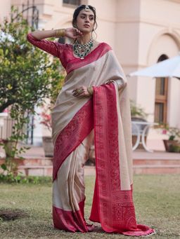 Akhilam - Women's Silk Blend Cream Woven Designer Saree with Unstitched Blouse