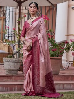 Akhilam - Women's Silk Blend Rose Gold Woven Designer Saree with Unstitched Blouse