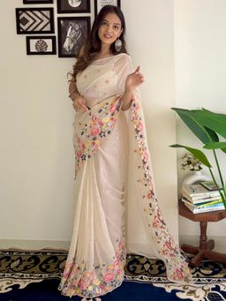 Akhilam - Women's Georgette Cream Embellished Designer Saree with Unstitched Blouse