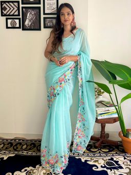 Akhilam - Women's Georgette Turquoise Embellished Designer Saree with Unstitched Blouse