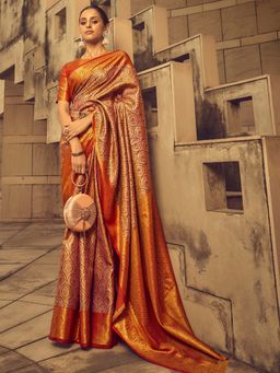 Akhilam - Women's Silk Blend Beige Woven Designer Saree with Unstitched Blouse