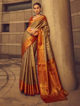 Akhilam - Women's Silk Blend Gold Woven Designer Saree with Unstitched Blouse