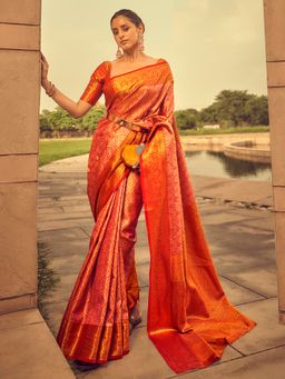 Akhilam - Women's Silk Blend Peach Woven Designer Saree with Unstitched Blouse