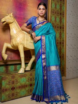 Akhilam - Women's Silk Blend Turquoise Woven Designer Saree with Unstitched Blouse