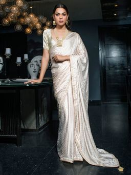 Akhilam - Women's Satin Silk Ivory Woven Designer Saree with Unstitched Blouse