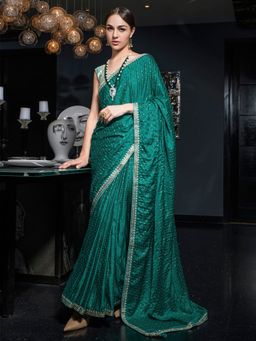 Akhilam - Women's Satin Silk Teal Green Woven Designer Saree with Unstitched Blouse