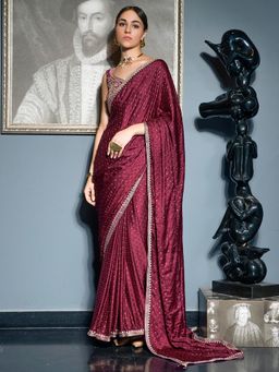 Akhilam - Women's Satin Silk Maroon Woven Designer Saree with Unstitched Blouse