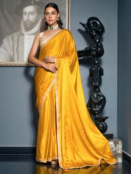 Akhilam - Women's Satin Silk Mustard Woven Designer Saree with Unstitched Blouse