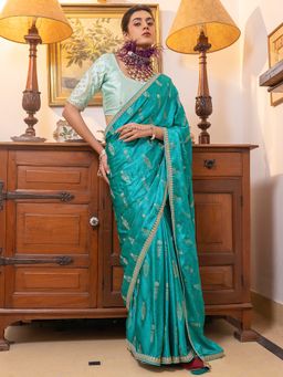 Akhilam - Women's Viscose Silk Turquoise Woven Designer Saree with Unstitched Blouse