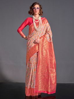 Akhilam - Women's Silk Blend Beige Printed Woven Designer Saree with Unstitched Blouse