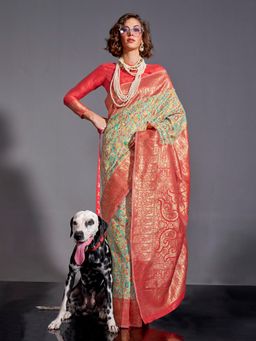 Akhilam - Women's Silk Blend Sea Green Printed Woven Designer Saree with Unstitched Blouse