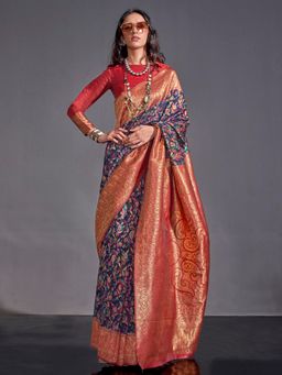 Akhilam - Women's Silk Blend Navy Blue Printed Woven Designer Saree with Unstitched Blouse