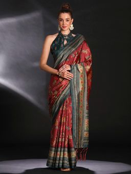 Sareemall - Women's Cotton Blend Maroon Printed Designer Saree with Unstitched Blouse