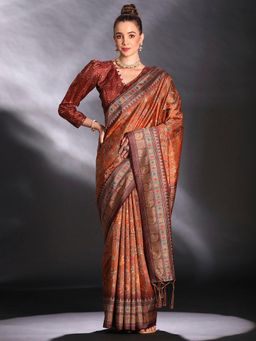 Sareemall - Women's Cotton Blend Rust Printed Designer Saree with Unstitched Blouse