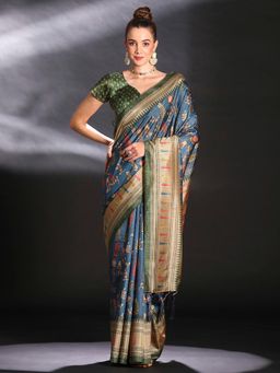 Sareemall - Women's Cotton Blend Teal Printed Designer Saree with Unstitched Blouse