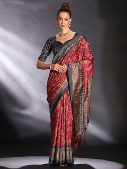 Sareemall - Women's Cotton Blend Maroon Printed Designer Saree with Unstitched Blouse