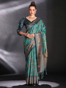 Sareemall - Women's Cotton Blend Turquoise Printed Designer Saree with Unstitched Blouse