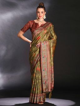 Sareemall - Women's Cotton Blend Olive Printed Designer Saree with Unstitched Blouse