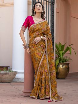 Akhilam - Women's Viscose Silk Mustard Printed Designer Saree with Unstitched Blouse
