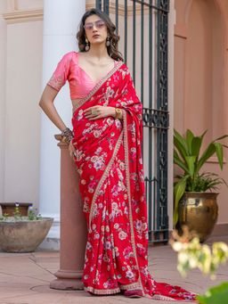 Akhilam - Women's Viscose Silk Red Printed Designer Saree with Unstitched Blouse