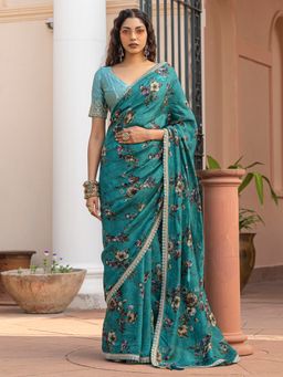 Akhilam - Women's Viscose Silk Teal Printed Designer Saree with Unstitched Blouse