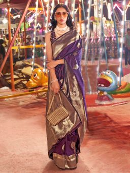 Akhilam - Women's Silk Blend Purple Woven Designer Saree with Unstitched Blouse