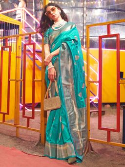 Akhilam - Women's Silk Blend Turquoise Woven Designer Saree with Unstitched Blouse