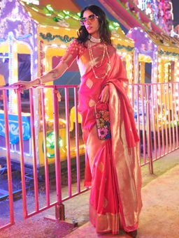 Akhilam - Women's Silk Blend Pink Woven Designer Saree with Unstitched Blouse