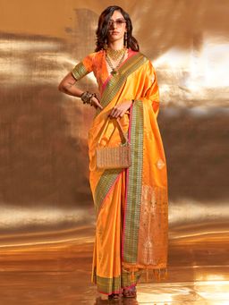 Akhilam - Women's Satin Silk Orange Woven Designer Saree with Unstitched Blouse