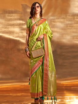 Akhilam - Women's Satin Silk Light Green Woven Designer Saree with Unstitched Blouse