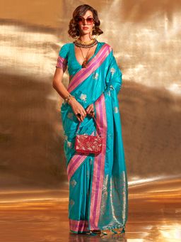 Akhilam - Women's Turquoise Satin Silk Woven Designer Saree with Unstitched Blouse