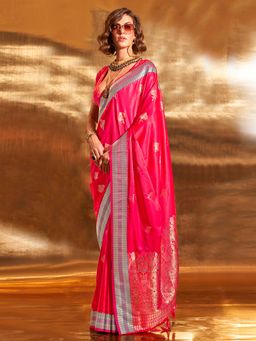 Akhilam - Women's Satin Silk Pink Woven Designer Saree with Unstitched Blouse