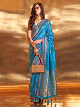 Akhilam - Women's Satin Silk Blue Woven Designer Saree with Unstitched Blouse