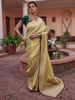 Akhilam - Women's Silk Blend Cream Woven Designer Saree with Unstitched Blouse