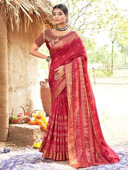 Sareemall - Women's Pure Silk Red Woven Designer Saree with Unstitched Blouse