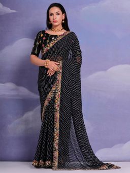 Akhilam - Women's Georgette Black Printed Designer Saree with Unstitched Blouse