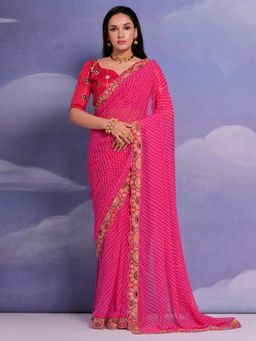 Akhilam - Women's Georgette Pink Printed Designer Saree with Unstitched Blouse