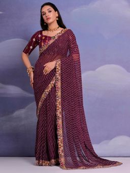 Akhilam - Women's Georgette Wine Printed Designer Saree with Unstitched Blouse