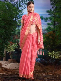 Sareemall - Women's Linen Pink Woven Designer Saree with Unstitched Blouse