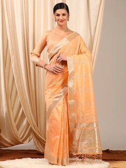 Akhilam - Women's Linen Peach Woven Designer Saree with Unstitched Blouse