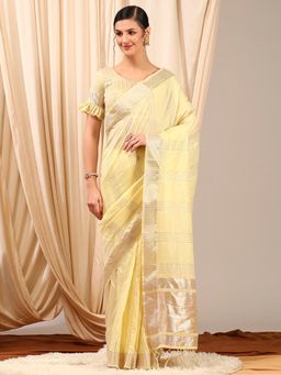 Akhilam - Women's Linen Yellow Woven Designer Saree with Unstitched Blouse