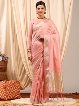 Akhilam - Women's Linen Pink Woven Designer Saree with Unstitched Blouse