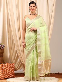 Akhilam - Women's Linen Light Green Woven Designer Saree with Unstitched Blouse