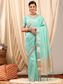 Akhilam - Women's Linen Turquoise Woven Designer Saree with Unstitched Blouse
